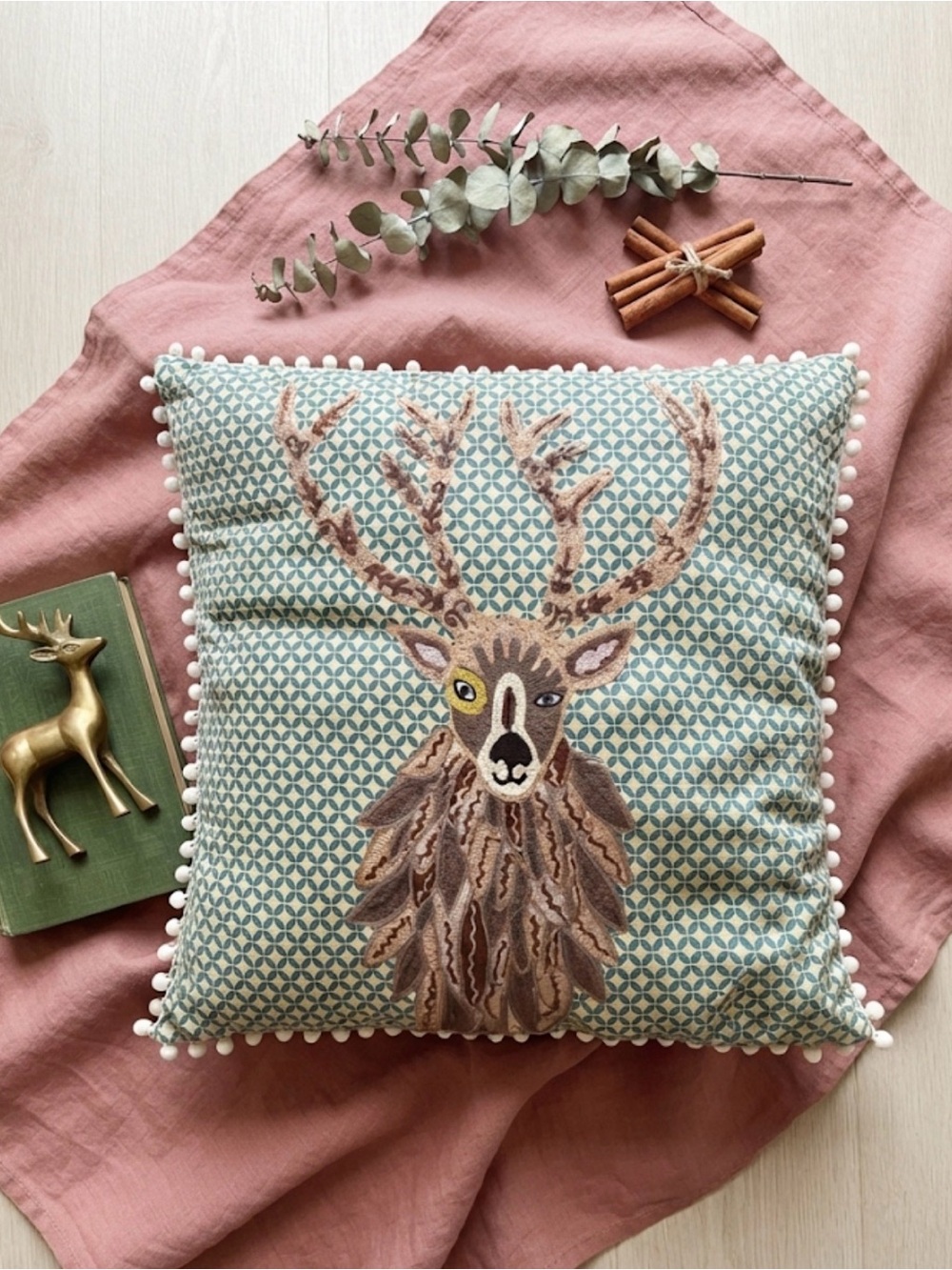 Karma Living Bohemian Deer Stag Embroidered Pom Pom Throw Pillow⁠
